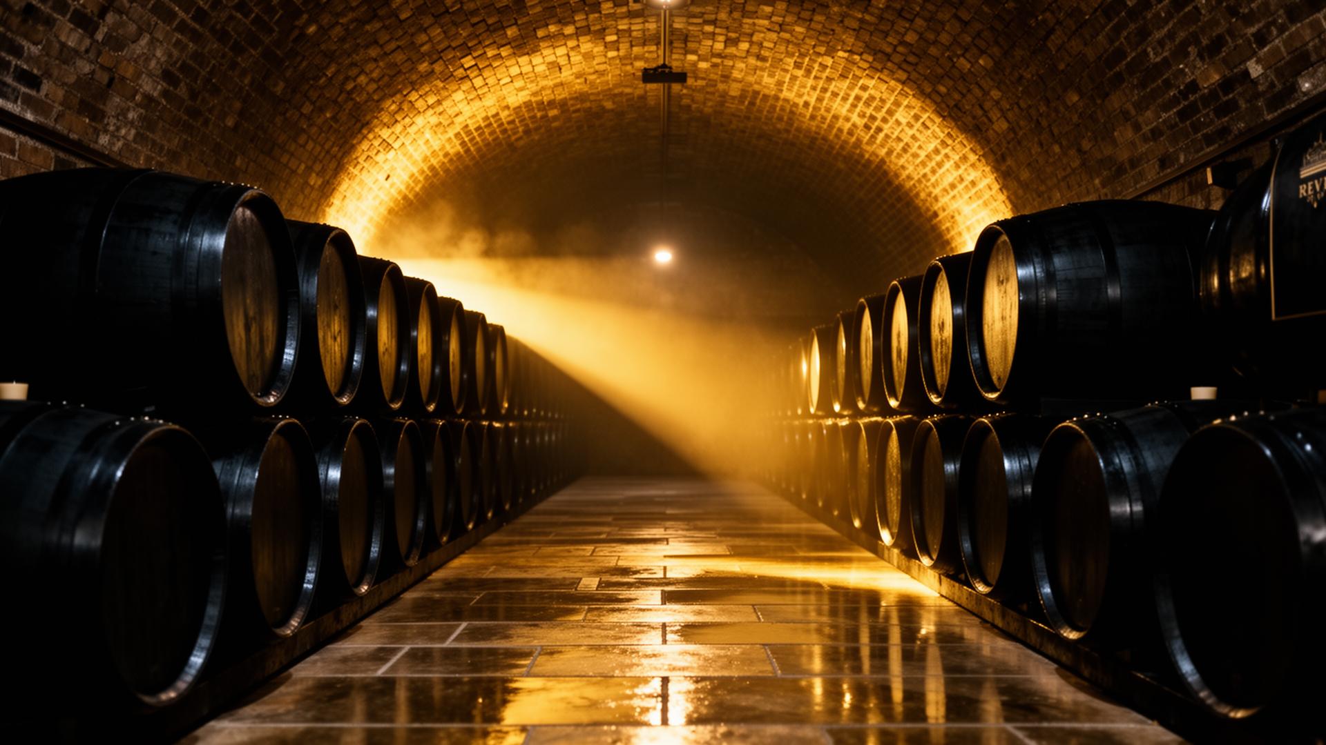 Vaulted cellar of black barrels lit by warm gold light